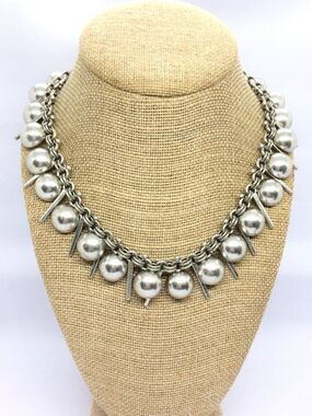 LUCKY BRAND Silver Tone Statement Necklace Fringe Ball Charm Chunky Boho